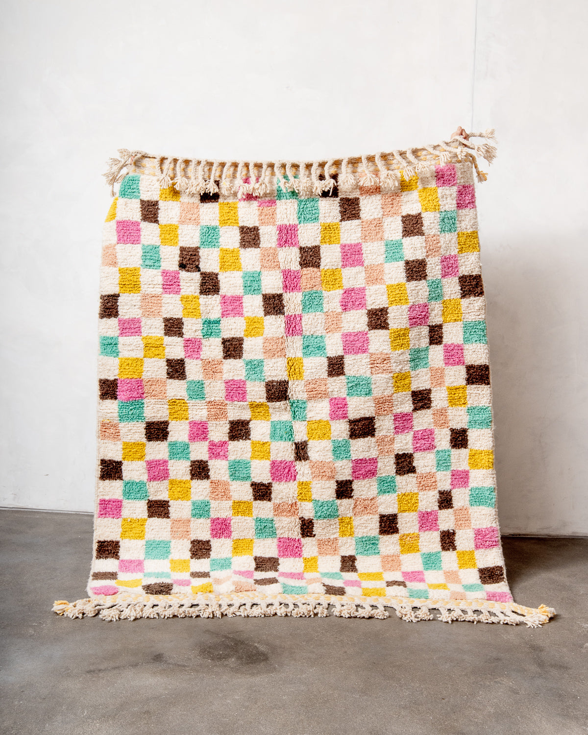 Modern, designer, handcrafted Berber rug from Morocco. Beniourain carpet with beautiful colours and patterns and fluffy wool texture.